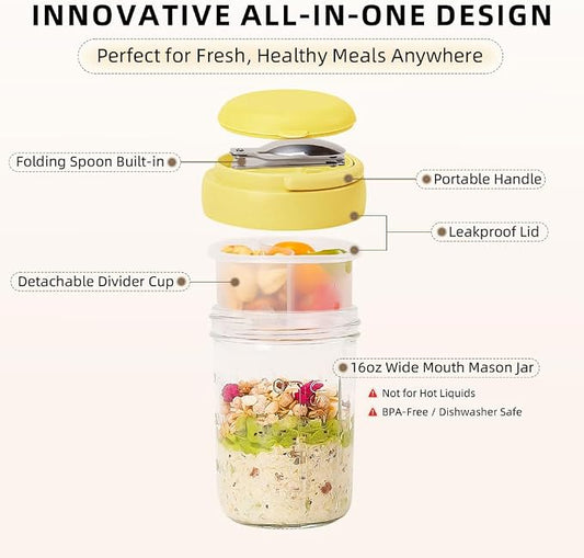 UWILLION Overnight Oats Containers with Lids and Handles, 16 oz Glass Mason Jars with Folding Spoons & Topping Compartments, Yogurt Parfait Cups for Meal Prep, Chia Pudding, Breakfast to Go, 2 Pack
