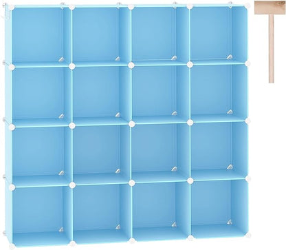 C&AHOME Cube Storage Organizer, 16-Cube Shelves Units, Plastic Storage Cubes, DIY Closet Organizer, Modular Closet Storage Shelves Ideal for Home, Bedroom, 48.4" L × 12.4" W × 48.4" H Blue UPCS16L