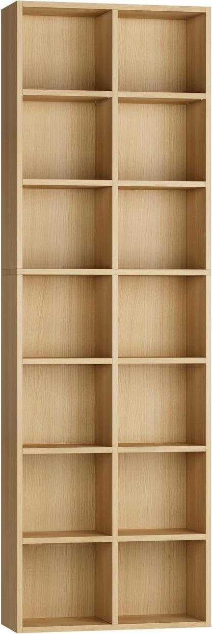 FOTOSOK 71'' Tall Bookshelf with 14 Cubes, 7 Tier Double Wide Wood Bookshelf with 6 Adjustable Shelves, 19.6" Narrow Bookcase DVD/CD Media Storage, Space Saving Display Shelf Cabinet, Natural
