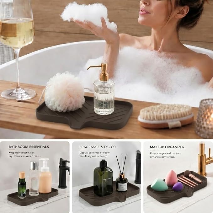 MicoYang Silicone Soap Dish with Drain Spout — Self-Draining Sink Organizer Tray for Bathroom & Kitchen, Sponges, Dispensers & Soap Holder, Non-Slip & Dishwasher Safe, Coffee (Medium, 9.6"×5.3")
