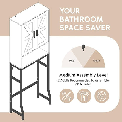 USHOWER Over The Toilet Storage Cabinet, Bathroom Organizers and Storage with Barn Doors, Thicken Metal Stand & MDF Wood Above Toilet Storage Cabinet, Freestanding Space Saver, White