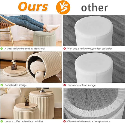 BLEXA Round Set of 2 Ottoman with Storage-Upholstered Velvet Vanity Stool for Makeup Multifunctional Ottomans Coffee Table Padded Seat Foot Rest for Living Room&Bedroom(White)