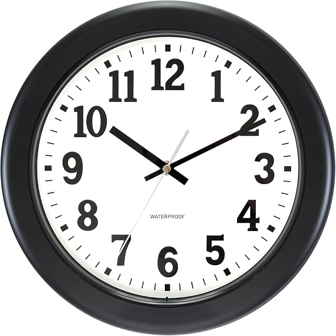 Caysie 12 Inch Sealed Indoor Outdoor Clock Waterproof, Silent Battery Operated Weatherproof Wall Clocks for Pool Patio Outside Home (Black)