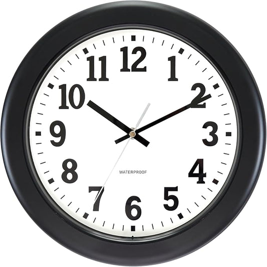 Caysie 12 Inch Sealed Indoor Outdoor Clock Waterproof, Silent Battery Operated Weatherproof Wall Clocks for Pool Patio Outside Home (Black)