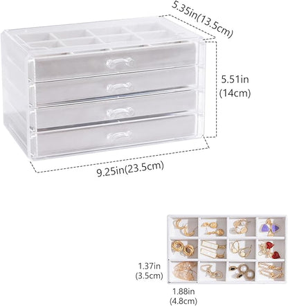 Lolalet Earring Holder Organizer Box Jewelry Storage with 4 Drawers, Clear Acrylic Stackable Earring Case with Adjustable Velvet Trays for Women on Dresser Vanity -Warmwhite, 4 Layers