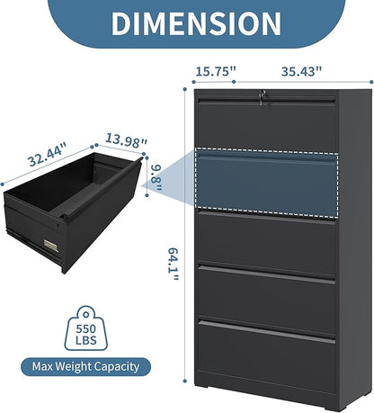 AQY 5 Drawer File Cabinet with Lock,Metal Lateral File Cabinets for Home Office,Steel Wide Filing Organization Storage Cabinets for Hanging Files Letter/Legal/F4/A4 Size,Assembly Required(Black)