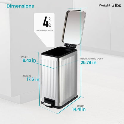 Home Zone Living 4 Gallon Kitchen Trash Can with Slim Fit Design | Stainless Steel with Soft-Close Step Pedal Lid, Bag Tuck Band for Easier Bag Changes, Rectangular Shape, Reeded Style, Silver