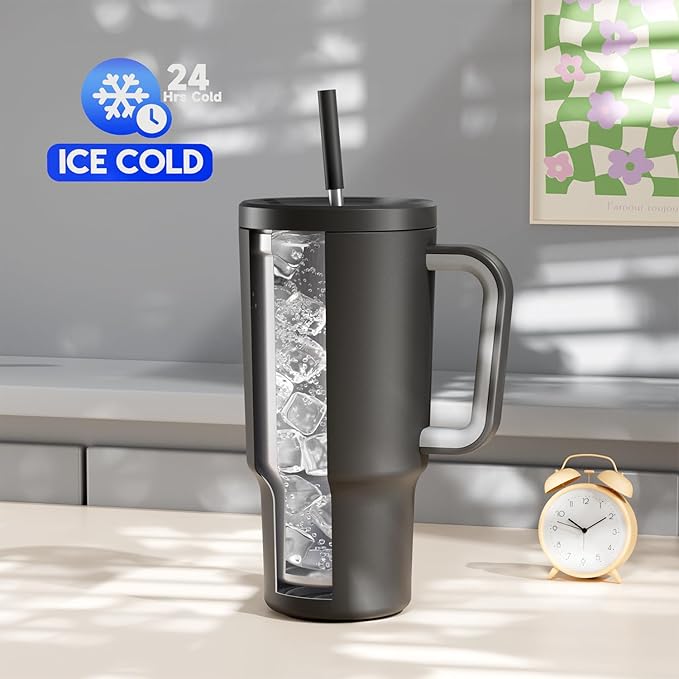 Meoky 30 oz Tumbler with Handle, Tumbler with Lid and Straw, Insulated Stainless Steel Travel Mug, 100% Leak-proof, Cupholder Friendly, Keeps Cold for 24 Hours or Hot for 8 Hours (Night)