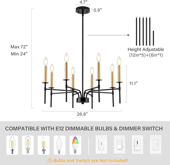 8 Light Modern Farmhouse Black and Gold Chandelier for Dining Room Over Table,Hanging Ceiling Candle Chandeliers Pendant Light Fixture for Living Room Staircase Entryway Foyer Kitchen