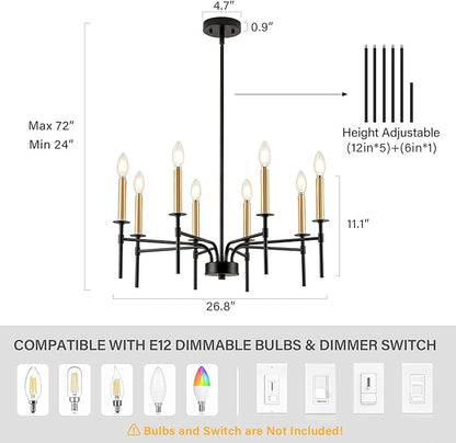 8 Light Modern Farmhouse Black and Gold Chandelier for Dining Room Over Table,Hanging Ceiling Candle Chandeliers Pendant Light Fixture for Living Room Staircase Entryway Foyer Kitchen