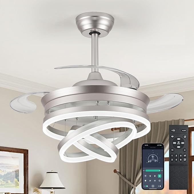 42" Modern Retractable Ceiling Fan with Lights, Fandelier Ceiling Fan with LED Light and Remote&App Control, 6 Speed Reversible 3CCT Chandelier Fan for Bedroom Living Room Dining Room Silver