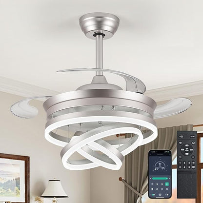 42" Modern Retractable Ceiling Fan with Lights, Fandelier Ceiling Fan with LED Light and Remote&App Control, 6 Speed Reversible 3CCT Chandelier Fan for Bedroom Living Room Dining Room Silver
