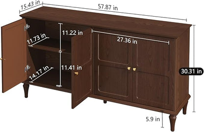 ARTPOWER Sideboard Buffet Cabinet with Storage, 58'' Mid-Century Modern Storage Cabinet with 4 Doors and Adjustable Shelves, Accent Style Sideboard for Entryway, Dining Room, Living Room, Brown