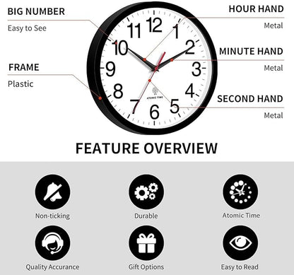 Rohioue Atomic Wall Clock, Modern 12 Inch Battery Operated Wall Clocks, Analog Clock for Living Room, Office, Home, Bedroom, Kitchen, Bathroom(Black)
