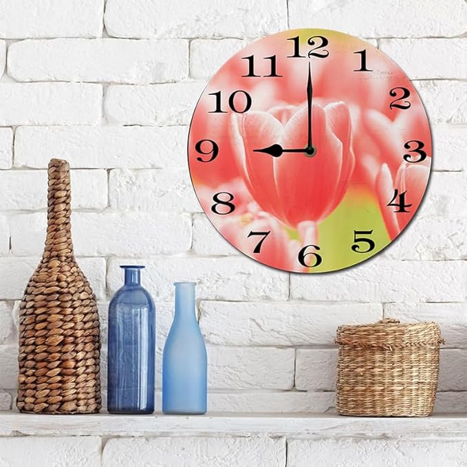 Pink Tulip Wall Clock 10 Inch Wooden Battery Operated Autumn Forest Maple Leaves Wall Clocks Decorative Indoor,Decorative for Kitchen Bathroom Bedroom