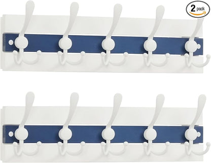 SKOLOO Coastal Wall Mounted Coat Rack - 16-7/8" Beach House Entryway Wooden Coat Hook with 5 Hooks for Hanging Coats, Hats or Towels, Oceanfront Cottage Core Collection, White & Blue, Pack of 2