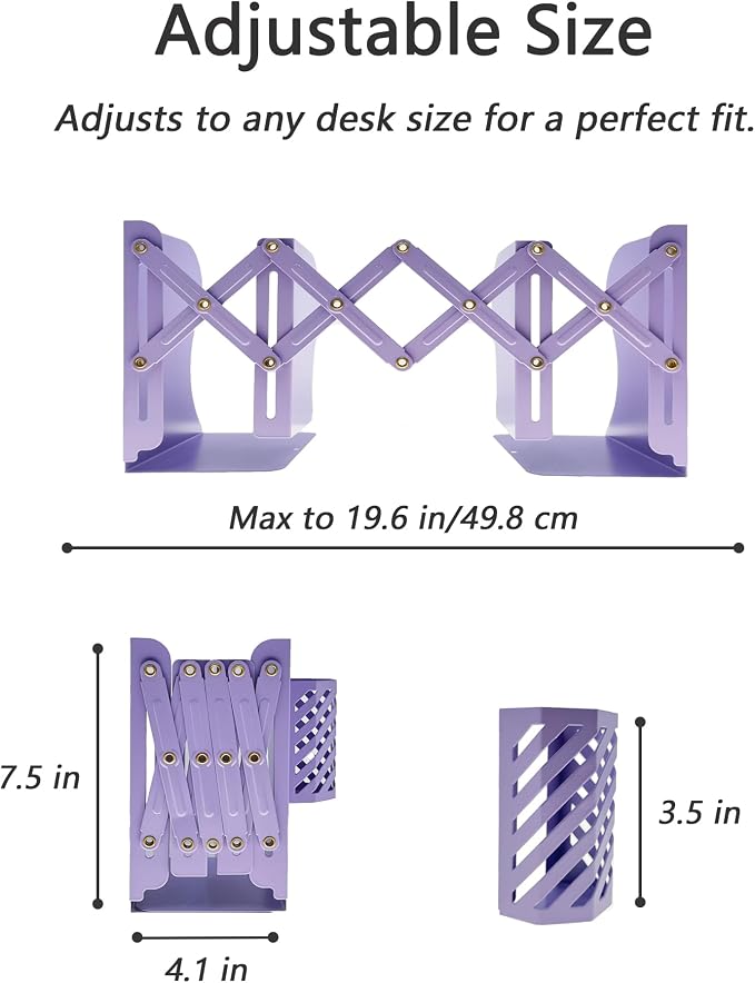 Kingsmile Book Ends, Adjustable Heavy Duty Metal Book Stoppers with Pen Holder for Desk Office Library Kids Room(Purple)