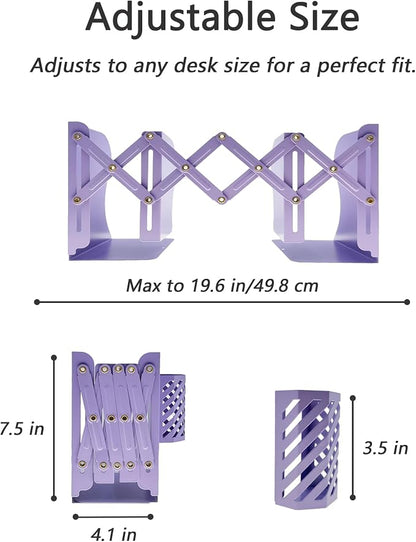 Kingsmile Book Ends, Adjustable Heavy Duty Metal Book Stoppers with Pen Holder for Desk Office Library Kids Room(Purple)