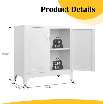 Metal Sideboard Buffet Cabinet with Storage,33 Inch Coffee Bar Cabinet with Adjustable Shelf, White Kitchen Sideboard Cabinets for Dining Room, Living Room