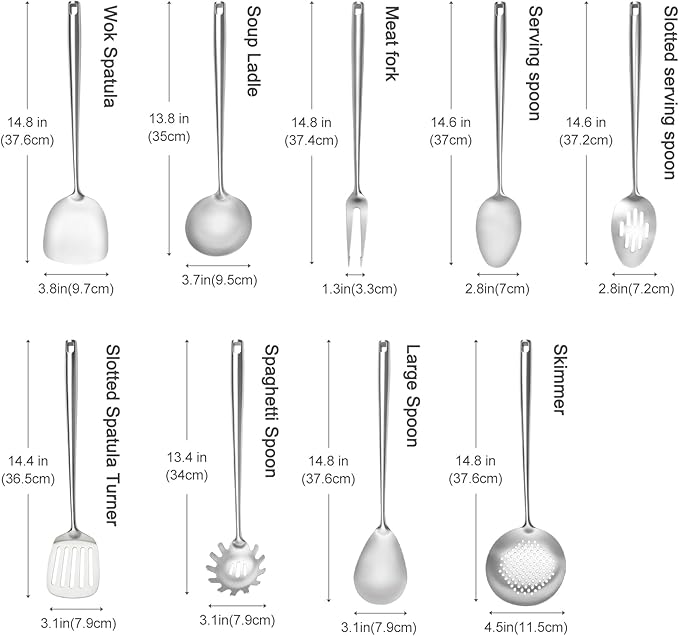 18/10 Stainless Steel Cooking Utensils Set,9 Pcs Professional All Metal Stainless Steel Kitchen Utensils Set with Wok Spatula,Soup Ladle,Skimmer,Slotted Spatula Turner, Large Spoon(Dishwasher Safe)