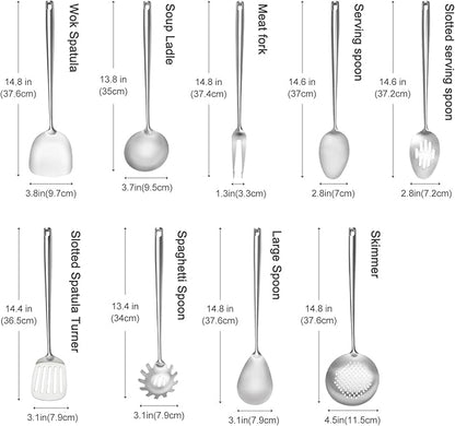 18/10 Stainless Steel Cooking Utensils Set,9 Pcs Professional All Metal Stainless Steel Kitchen Utensils Set with Wok Spatula,Soup Ladle,Skimmer,Slotted Spatula Turner, Large Spoon(Dishwasher Safe)