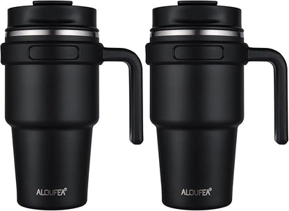 20 oz Insulated Coffee Mug Tumbler with Handle, Stainless Steel Travel Mug Tumbler with Lid and Straw,Double Wall Vacuum Leak Proof Ice Coffee Thermal Cup, Black