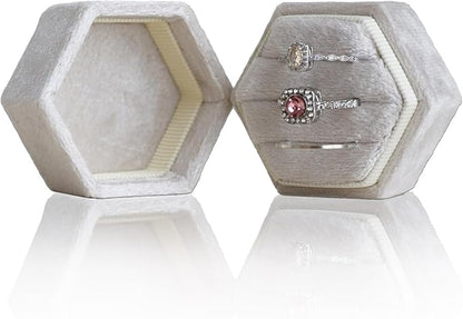 Wedding Ring Box 3 Slots - Hexagon Velvet Ring Box, Detachable Lid Three Slots Jewelry Ring Gift Box, Gorgeous Vintage Premium Ring Bearer Boxes for Proposal Engagement (Beige)