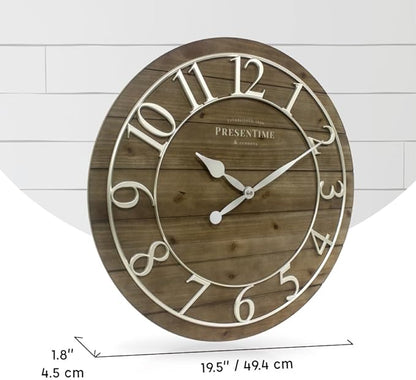 Presentime & Co Vintage Farmhouse Shiplap Clock, 19.5 inch, Silver Arabic Numerals with Weathered Pine Wood Shiplap Style. Large Farmhouse Decor for Living Room, Entryway, Home Office, Wall Décor
