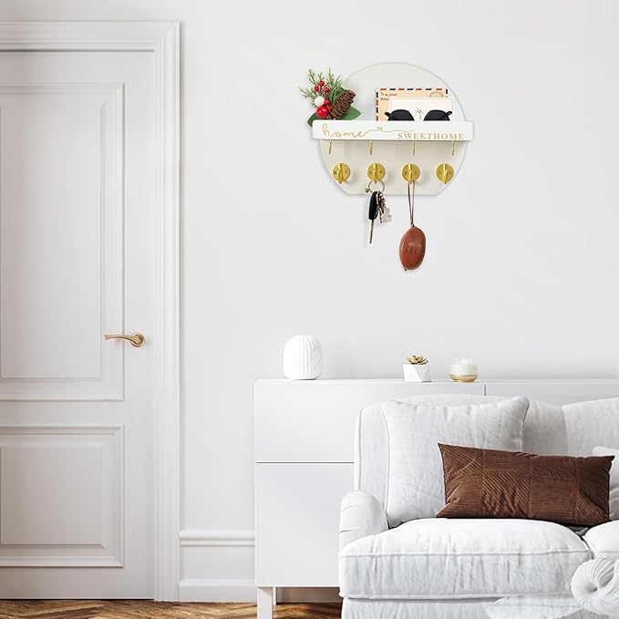 Key Holder for Wall, Key and Mail Holder Organizer - Key Holder Wall Mount with Bouquet Shelf and Key Hooks, Round Wooden Rustic Key Rack for Entryway and Home Decor (White)