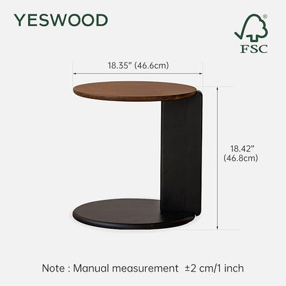 YESWOOD Round Coffee Table, Solid Walnut Wood Top Coffee Table with Oak Legs, Mid Century Morden Living Rooom Table, Small Coffee Table for Bedroom Balcony Living Room (18.35" D x 18.42" H)