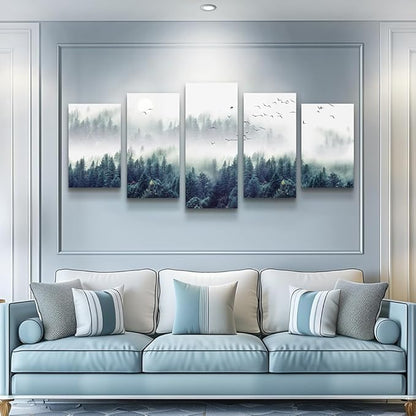 Canvas Wall Art For Living Room Wall Decorations For Bedroom Modern Office Wall Decor Foggy Forest Trees Landscape Paintings Stretched And Framed Ready To Pictures Home Decor 5 Piece Set W60”x H30”