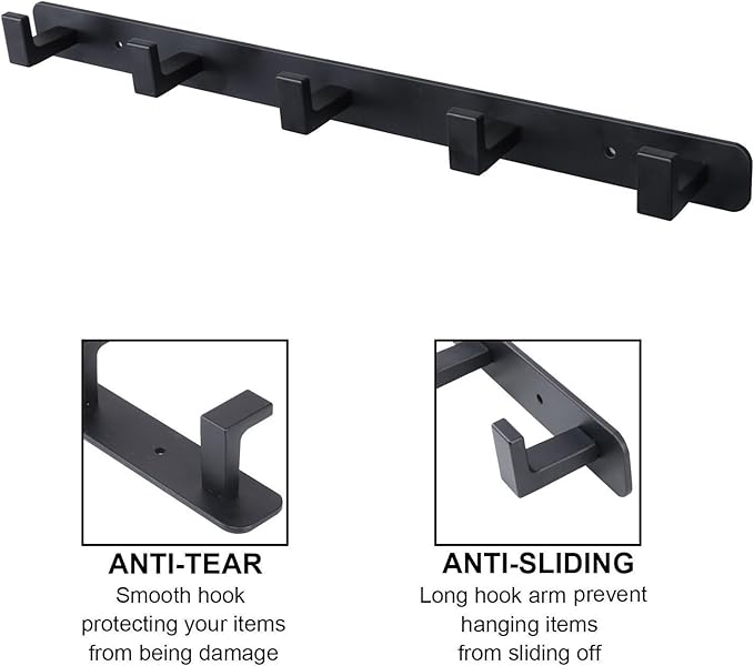 Coat Rack, Heavy Duty Stainless Steel 5 Tri Coat Hook Hanger, Wall Mounted Wall Hooks, Rustic Clothes Hook/Key Hook Rail for Bathroom Kitchen Entryway(2 Pack, 5 Hook Black)