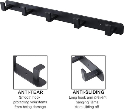 Coat Rack, Heavy Duty Stainless Steel 5 Tri Coat Hook Hanger, Wall Mounted Wall Hooks, Rustic Clothes Hook/Key Hook Rail for Bathroom Kitchen Entryway(2 Pack, 5 Hook Black)