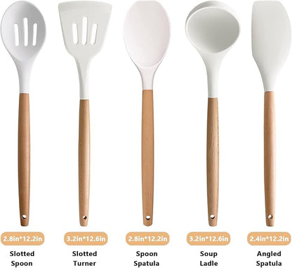 IOCBYHZ Silicone Kitchen Utensils Set of 5, Cooking Utensil Set with Heat Resistant Wooden Handle Non-Stick Silicone Spatula Spoon Turner Ladle, BPA FREE Cooking Kitchen Gadgets for Cookware & Baking