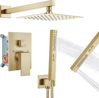 Shower Faucet Set Rainfall Shower System with Square Showerhead and Handle Set Fixture with 2 in 1 Function Handheld Sprayer Wall Mounted Trim Repair Kit Rough-in Valve 8 Inch Brushed Gold