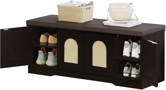 DINZI LVJ Shoe Bench, Boho Entryway Bench with Rattan-Like Doors, Cushion, Adjustable Shelves, 2-Tier Shoe Rack with seat, 47.2”L x 13.8”W Shoe Organizer Cabinet for Hallway, Bedroom, Espresso Rattan