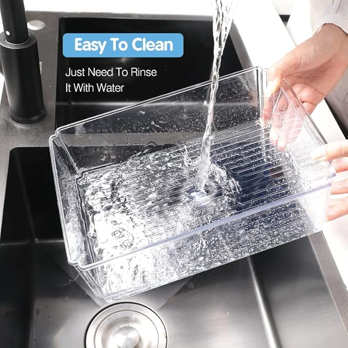 10-Pack Clear Fridge Organizer Containers with Lids, Stackable BPA-Free Refrigerator & Produce Storage Containers with Drain Tray & Anti-Slip Base for Fruits, Veggies & Drinks
