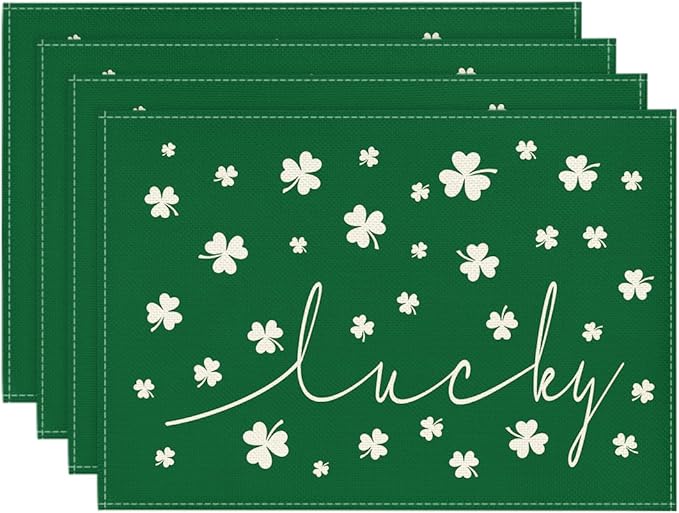 Artoid Mode Green Lucky Shamrock St. Patrick's Day Placemats Set of 4, 12x18 Inch Seasonal Spring Table Mats for Party Kitchen Dining Decoration