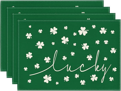 Artoid Mode Green Lucky Shamrock St. Patrick's Day Placemats Set of 4, 12x18 Inch Seasonal Spring Table Mats for Party Kitchen Dining Decoration