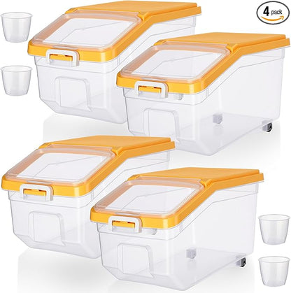 Sunnyray 4 Pcs Rice Storage Container 22 lb Airtight Flour Container with Wheels Measuring Cup Clear Pet Dog Cat Birds Food Bin Grain Cereal Organizer Box for Dry Baking Supplies(Yellow Lid)