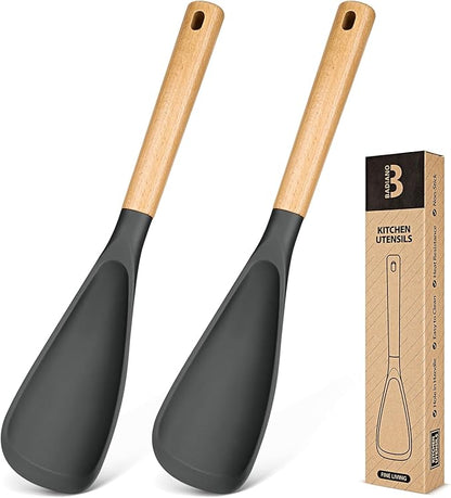 Cooking Spoon for Nonstick Cookwares, Great for Cooking and Serving Sturdy BPA-Free Matte Silicone, Wood Handle Spoon for Mixing, Scoop, and Scrape (2 Pack of Grey, 13.4 inch)
