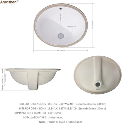 18 Inch Vessel Sink Oval Undermount Bathroom Sink Ceramic Vanity Sink with Overflow, White UB-11