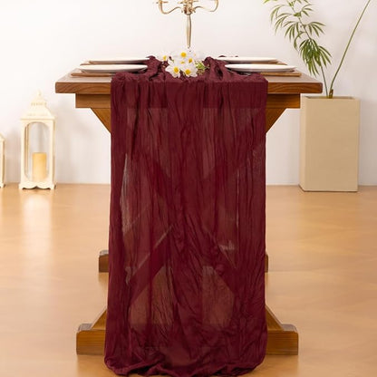 Socomi Burgundy Red Valentine's Day Table Runner Cheesecloth Boho Rustic Gauze 120 inch 10FT Cheese Cloth Runner for Wedding Party Baby Shower Birthday Home Decor Holiday Decorations