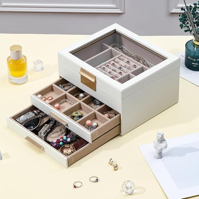 Jewelry Boxes with Glass Lid Display PU Leather Elegant Jewelry Organizer Women Multiple Drawers Stylish Storage Men for Rings Necklaces Accessories GY807 (White)