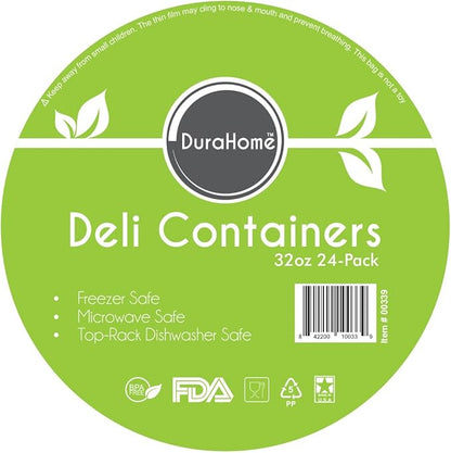 DuraHome - Deli food Storage Containers with Lids 32 oz, Quart Pack of 24 Leak-proof Freezer Safe Microwaveable Soup Storage Container - Clear Plastic Premium Quality