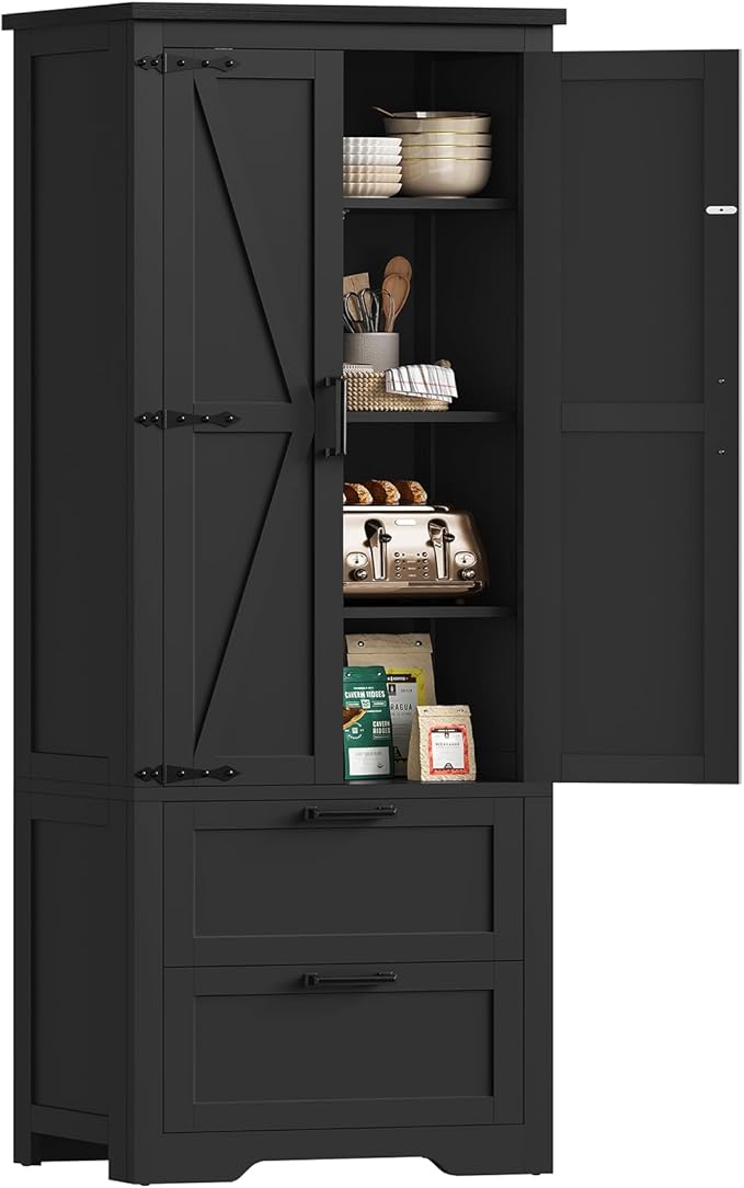 TEENFON 66.2" H Storage Cabinet, Farmhouse Kitchen Pantry Cabinet with 2 Drawers & Adjustable Shelf, Bathroom Cabinet, for Living Room, Kitchen, Bathroom, Black