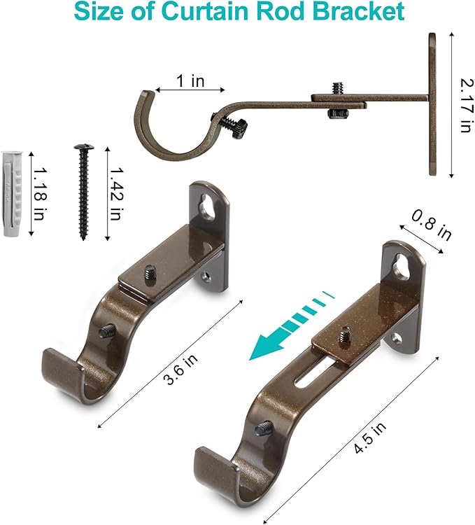 Adjustable Curtain Rod Brackets, Metal Window Drapery Rod Hanger Holders Hooks for 1 inch Rods (Brown, Set of 2)