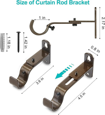 Adjustable Curtain Rod Brackets, Metal Window Drapery Rod Hanger Holders Hooks for 1 inch Rods (Brown, Set of 2)
