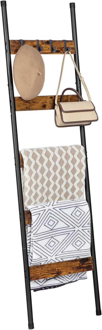 HOOBRO Blanket Ladder, 5-Tier Towel Rack with Hooks, Wall-Leaning Blanket Rack, Decorative Display Ladder Shelf, for Scarves, Industrial, Living Room, Bedroom, Rustic Brown and Black BF52CJ01