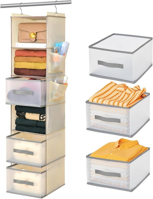 6-Tier Hanging Closet Organizer with 3Drawers and Side Pockets-Multi-FunctionalStorage for Shoes, Belts, Purses, and Clothing